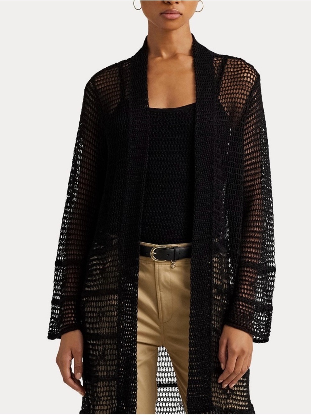 Lauren Ralph Lauren Pointelle-Knit Black Open-Knit Fringe Cardigan, Medium - Picture 2 of 9